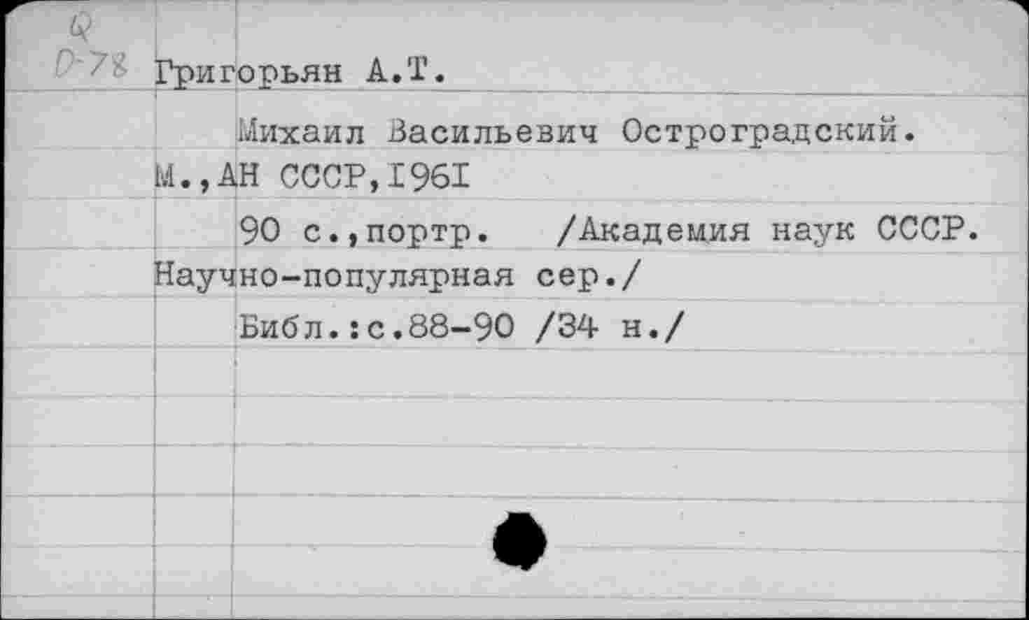 ﻿$
Григорьян А.ТЛ
	Михаил Васильевич Остроградский.
	И.,АН СССР,1961
	90 с.,портр. /Академия наук СССР.
	Научно-популярная сер./
	Библ.:с.88-90 /34 н./
	1